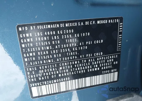 2025 Volkswagen Taos 1.5T Se z USA, uszkodzony, nr VIN 3VVVC7B20SM058499